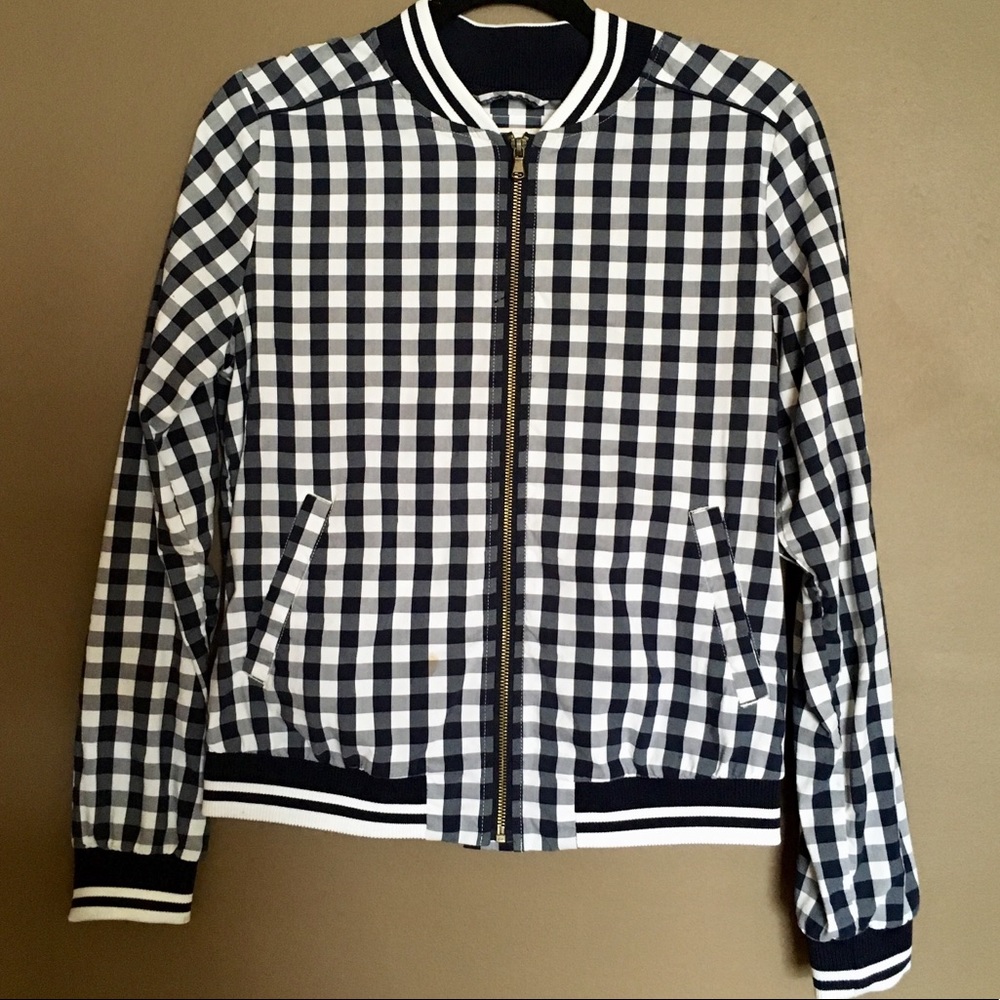 Navy gingham bomber jacket